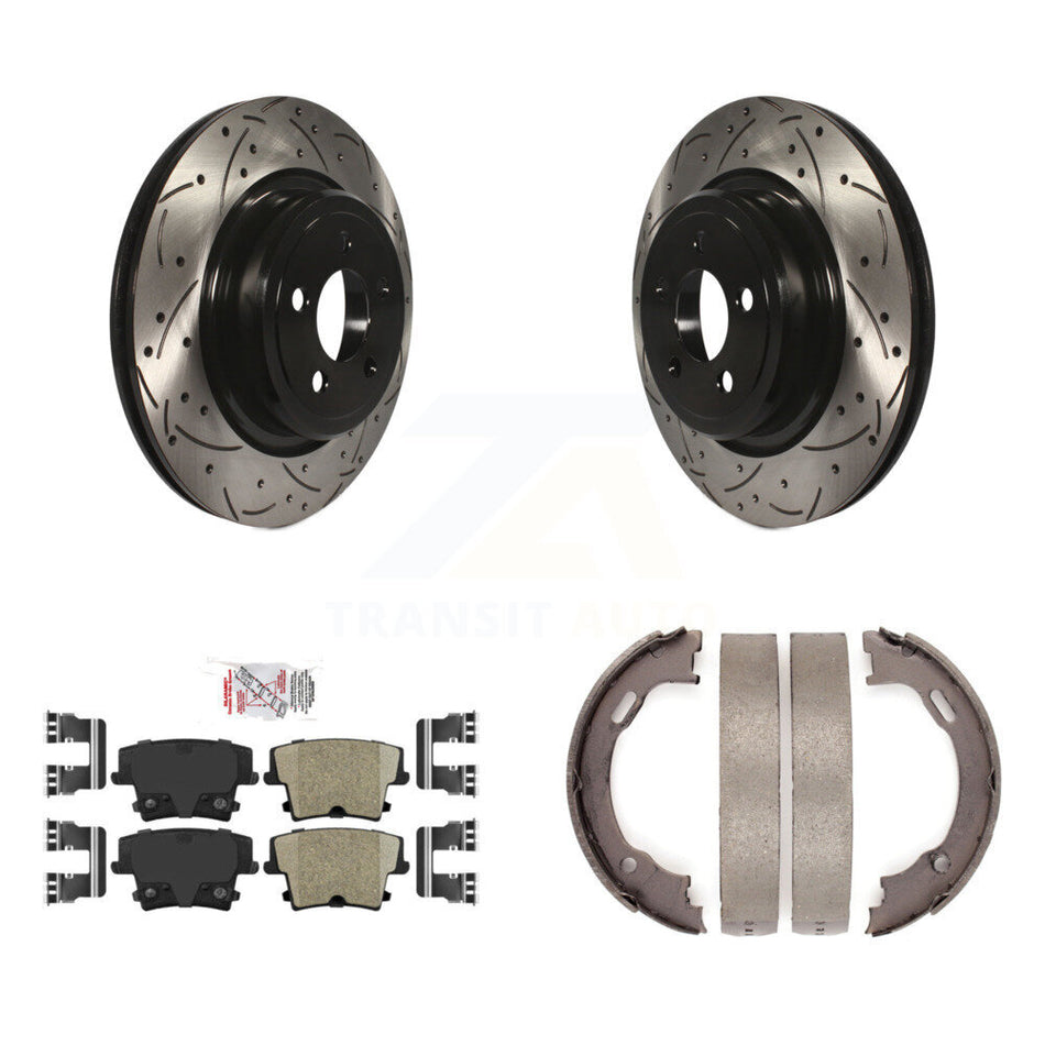 Rear Disc Drilled & Slotted Rotors Ceramic Pads Parking Brake Shoes Kit For Dodge Charger KDA-103302
