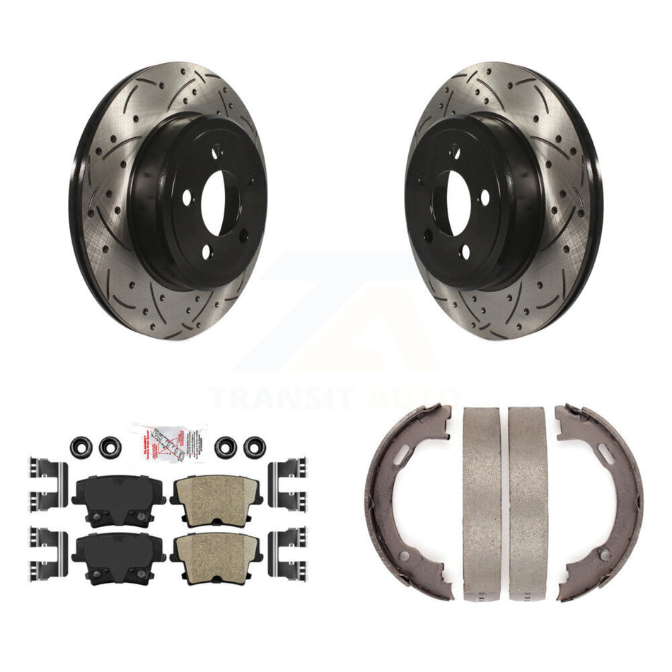 Rear Disc Drilled & Slotted Rotors Ceramic Pads Parking Shoes Kit For Dodge Chrysler 300 KDA-103303