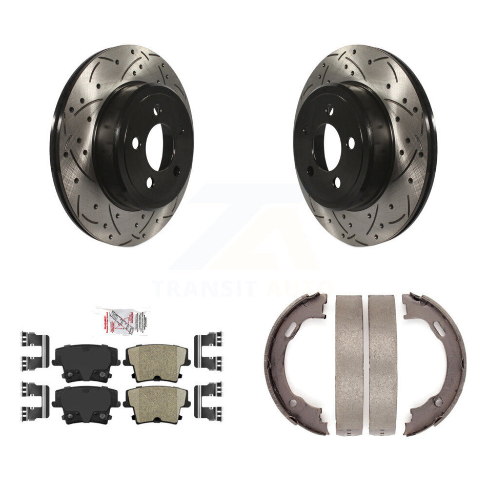 Rear Disc Drilled & Slotted Rotors Ceramic Pads Parking Shoes Kit For Dodge Chrysler 300 KDA-103304
