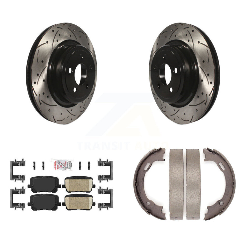 Rear Disc Drilled & Slotted Rotors Ceramic Pads Parking Brake Shoes Kit For Dodge Charger KDA-103307