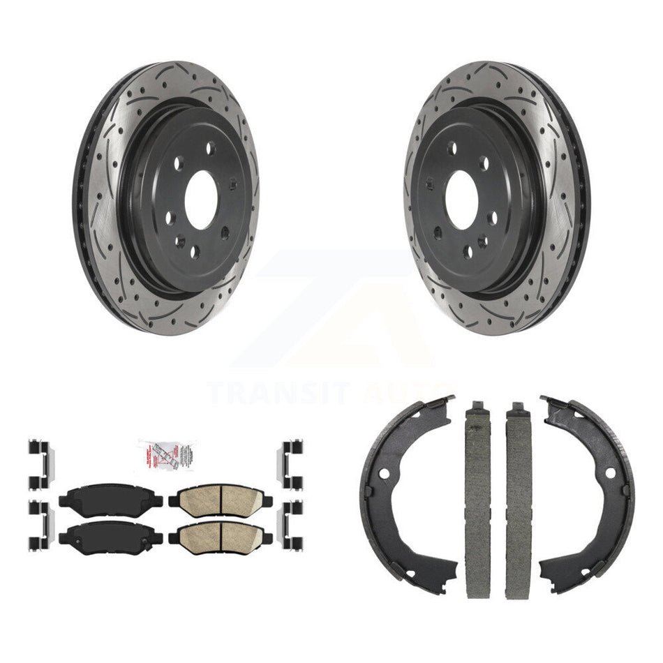 Rear Disc Drilled & Slotted Rotors Ceramic Pads Parking Shoes Kit For 10-16 Cadillac SRX KDA-103310