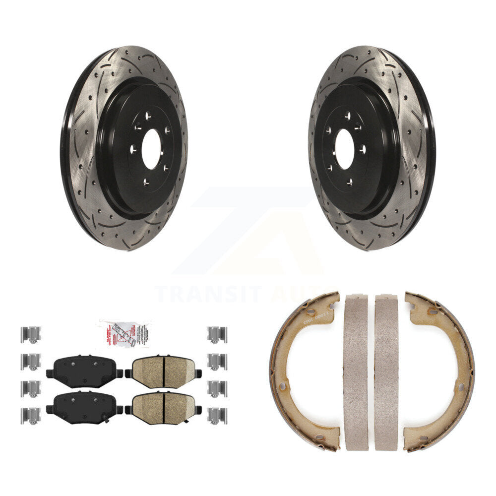 Rear Disc Drilled & Slotted Rotors Ceramic Pads Parking Brake Shoes Kit For Lincoln MKT KDA-103325