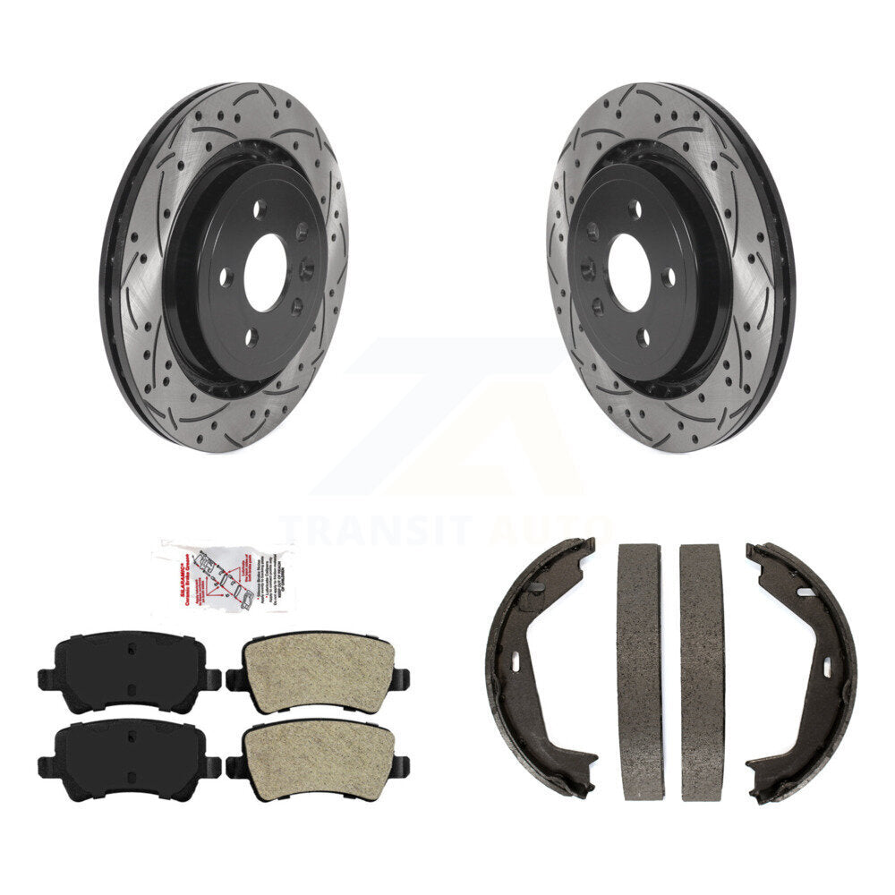 Rear Disc Drilled & Slotted Rotors Semi-Metallic Pads Parking Shoes Kit For Volvo S80 AWD KDA-103332