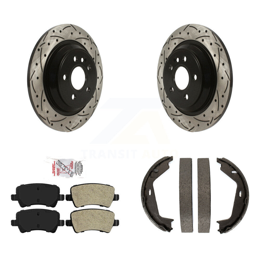 Rear Disc Drilled & Slotted Rotors Semi-Metallic Pads Parking Shoes Kit For Volvo S80 AWD KDA-103333