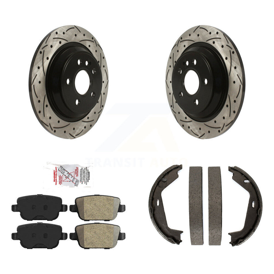 Rear Disc Drilled & Slotted Rotors Semi-Metallic Pads Parking Shoes Kit For Volvo S80 FWD KDA-103334