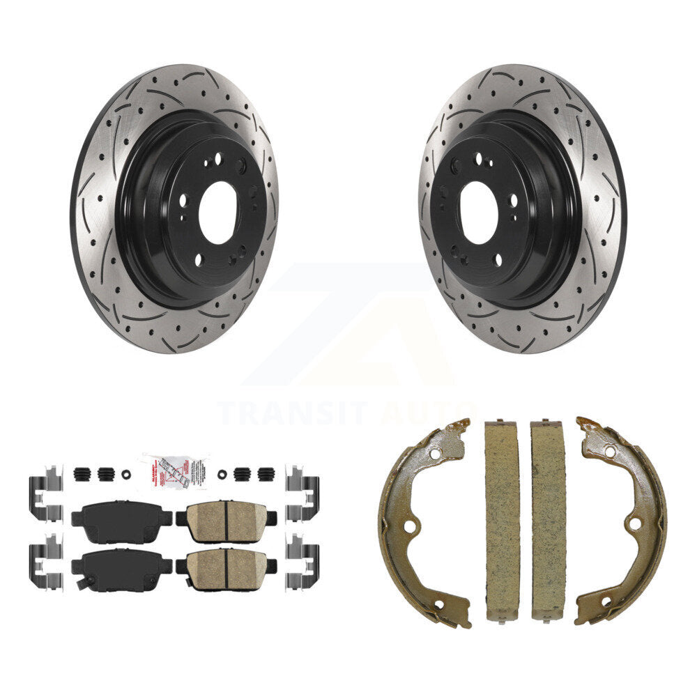 Rear Disc Drilled & Slotted Rotors Ceramic Pads Parking Shoes Kit For 2009-2014 Acura TL KDA-103336