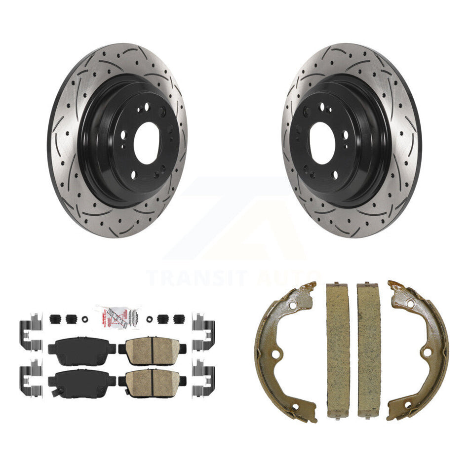 Rear Disc Drilled & Slotted Rotors Ceramic Pads Parking Shoes Kit For 2009-2014 Acura TL KDA-103336