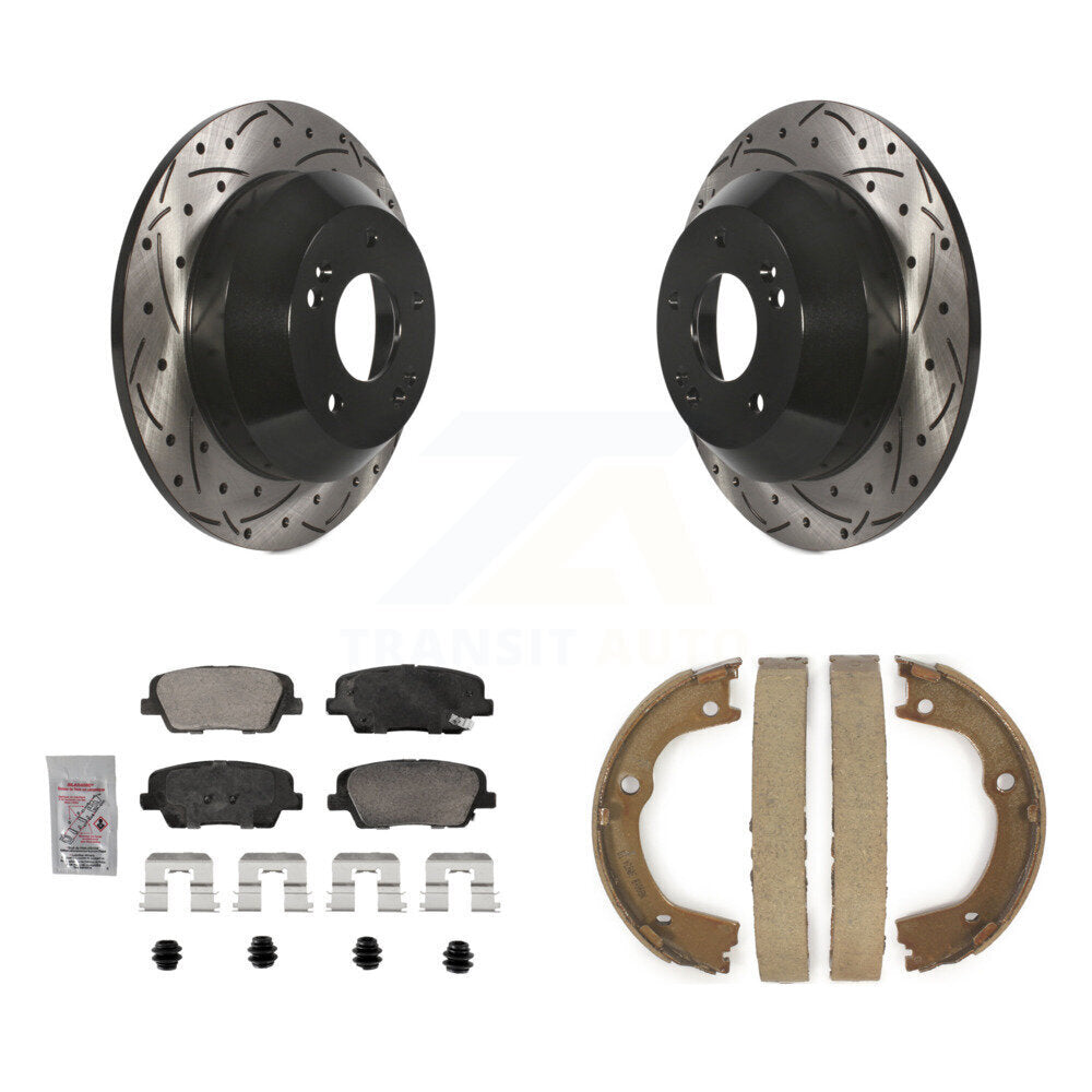 Rear Disc Drilled & Slotted Rotors Ceramic Pads Parking Shoes Kit For Hyundai Santa Fe KDA-103339