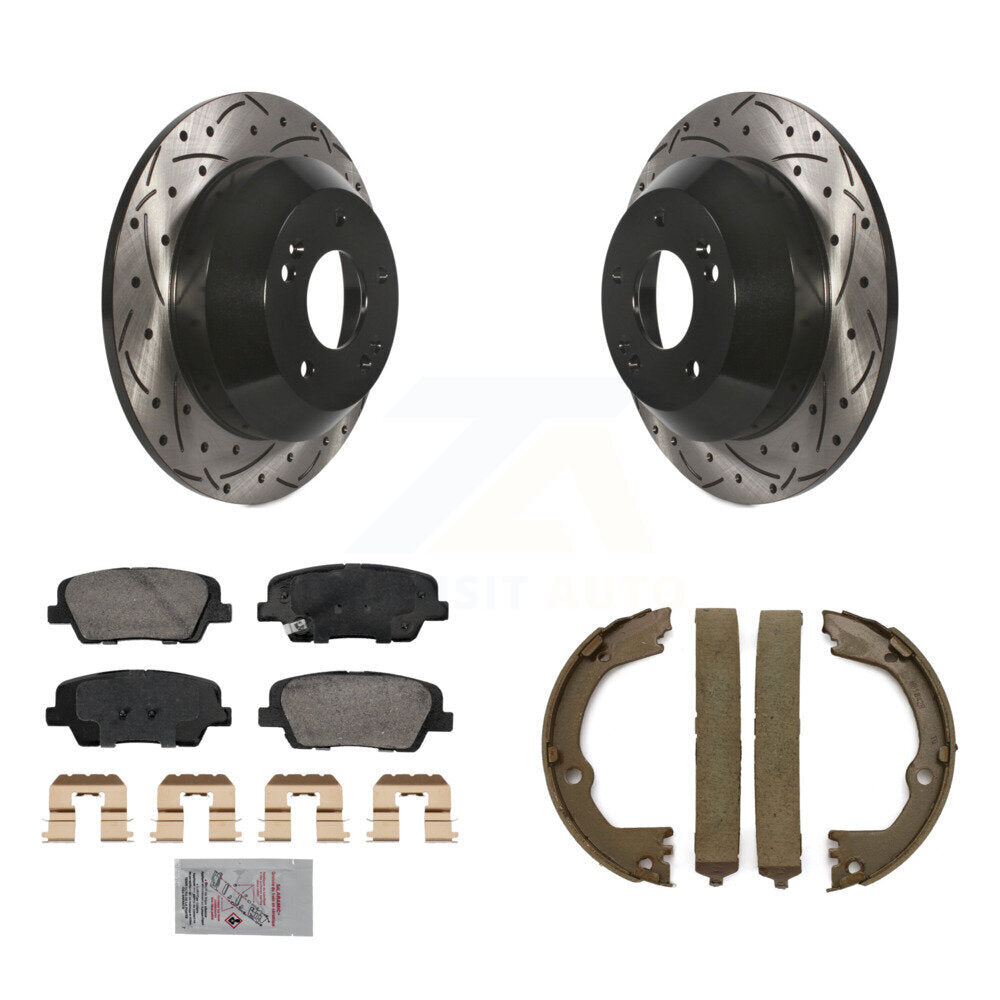 Rear Disc Drilled & Slotted Rotors Ceramic Pads Parking Shoes Kit For Hyundai Santa Fe XL KDA-103342