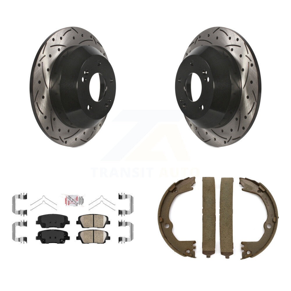 Rear Disc Drilled & Slotted Rotors Ceramic Pads Parking Shoes Kit For Hyundai Santa Fe XL KDA-103343