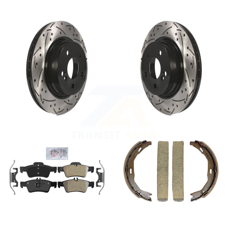 Rear Disc Drilled & Slotted Rotors Semi-Metallic Pads And Parking Brake Shoes Kit For KDA-103348