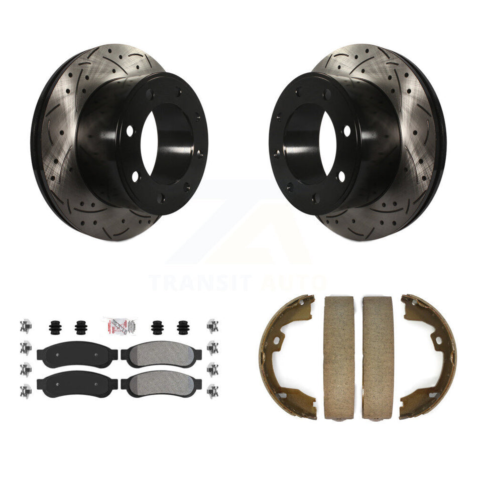 Rear Disc Drilled & Slotted Rotors Semi-Metallic Pads Parking Shoes Kit For Ford F-350 KDA-103350