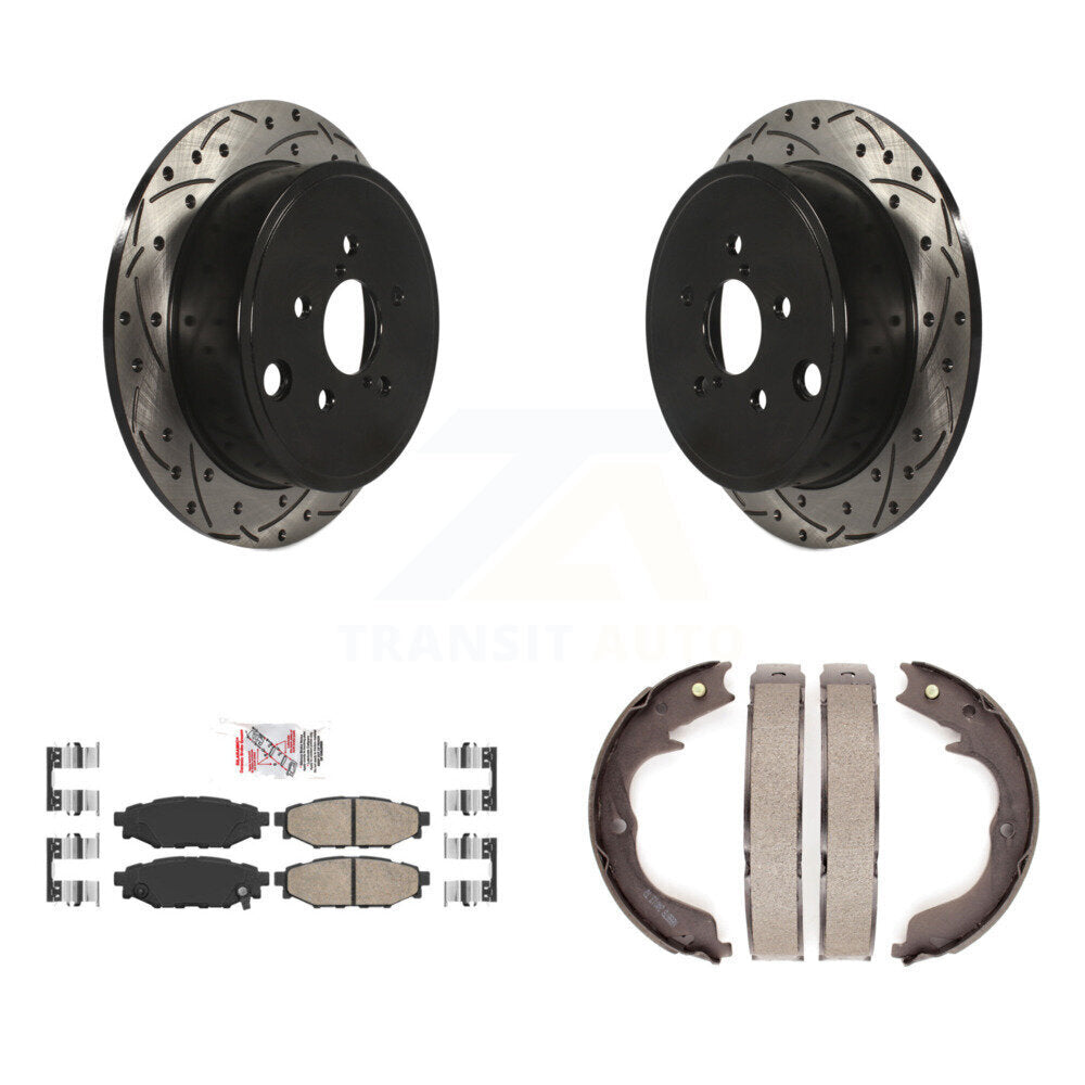 Rear Disc Drilled & Slotted Rotors Ceramic Pads And Parking Shoes Kit For Subaru Impreza KDA-103367