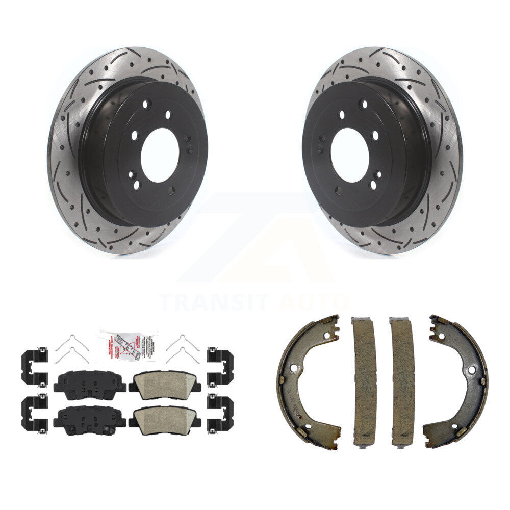 Rear Disc Drilled & Slotted Rotors Ceramic Pads Parking Shoes Kit For Hyundai Tucson Kia KDA-103368