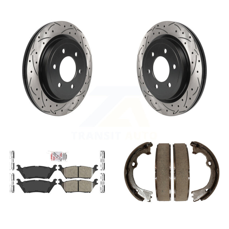 Rear Disc Drilled & Slotted Rotors Ceramic Pads Parking Brake Shoes Kit For Ford F-150 KDA-103371