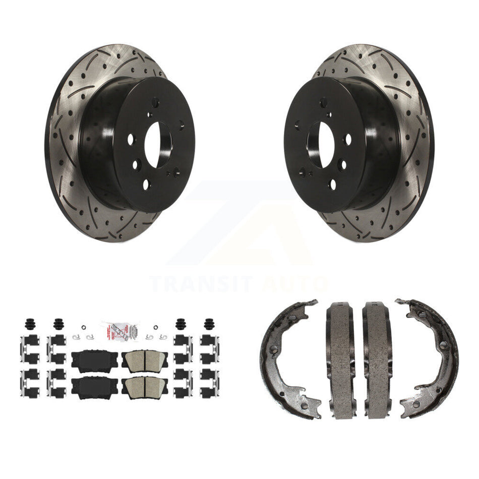 Rear Disc Drilled & Slotted Rotors Ceramic Pads Parking Shoes Kit For Toyota Camry Lexus KDA-103373