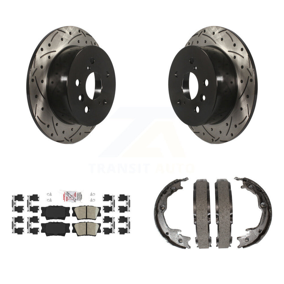 Rear Disc Drilled & Slotted Rotors Ceramic Pads Parking Shoes Kit For Toyota Camry Lexus KDA-103374
