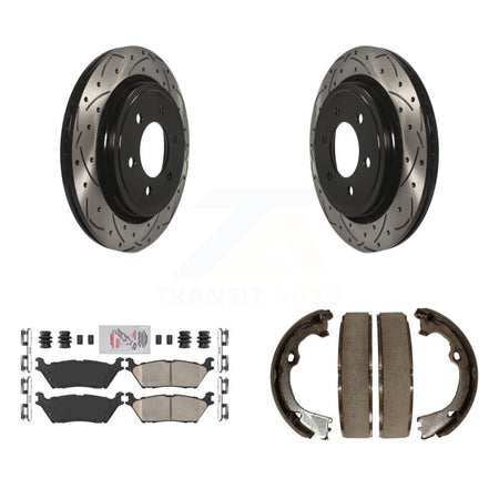 Rear Disc Drilled & Slotted Rotors Ceramic Pads Parking Brake Shoes Kit For Ford F-150 KDA-103376