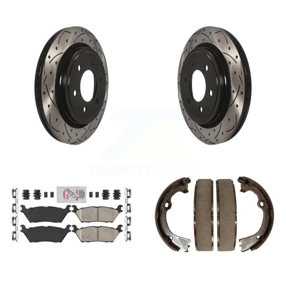 Rear Disc Drilled & Slotted Rotors Ceramic Pads Parking Brake Shoes Kit For Ford F-150 KDA-103376
