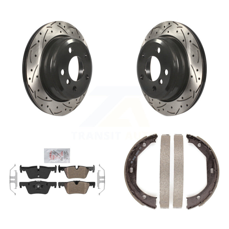 Rear Disc Drilled & Slotted Rotors Semi-Metallic Pads Parking Shoes Kit For BMW 328i 330i KDA-103377