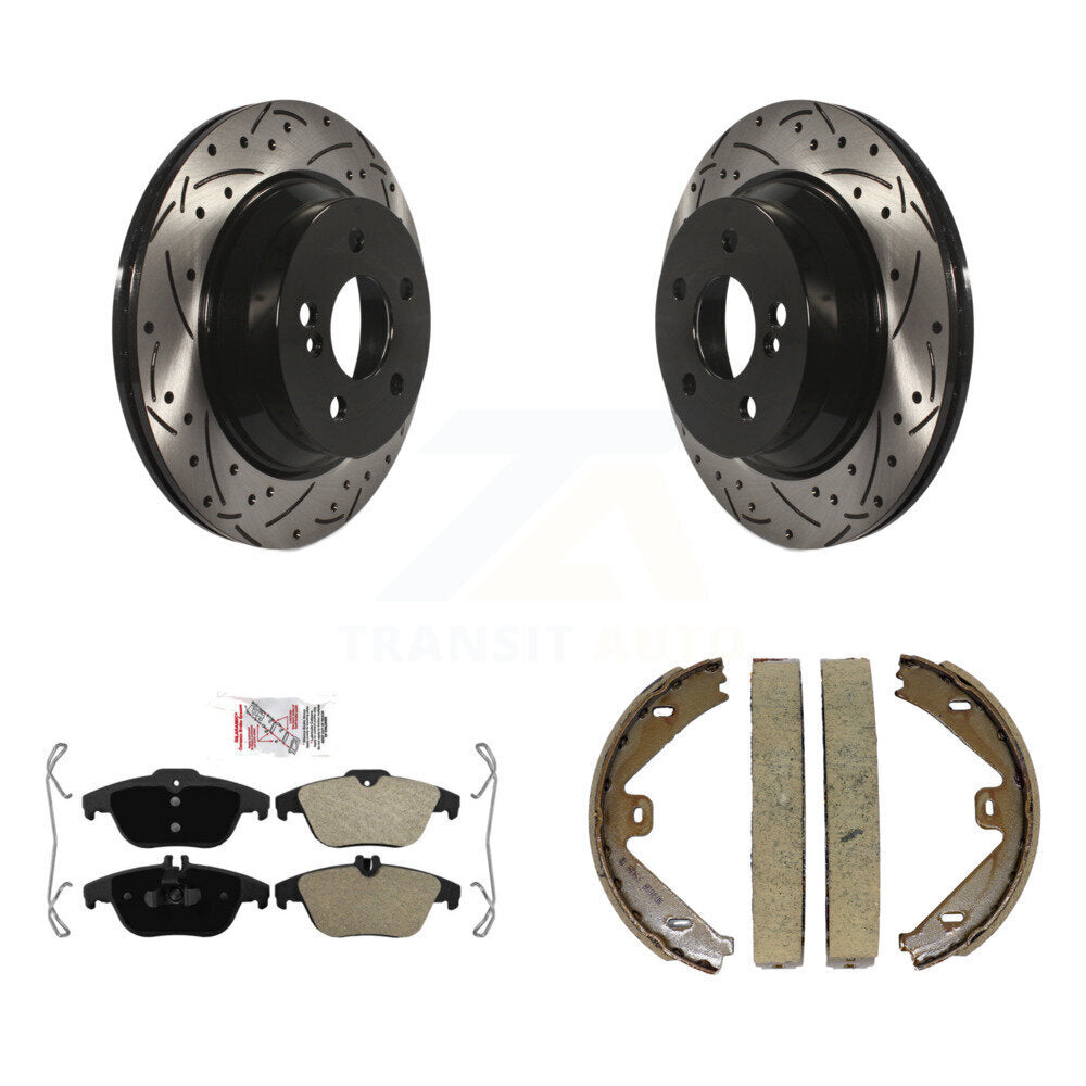Rear Disc Drilled & Slotted Rotors Semi-Metallic Pads Parking Shoes Kit For Mercedes-Benz KDA-103378