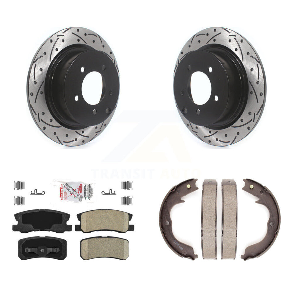 Rear Disc Drilled & Slotted Rotors Ceramic Pads And Parking Brake Shoes Kit For KDA-103382