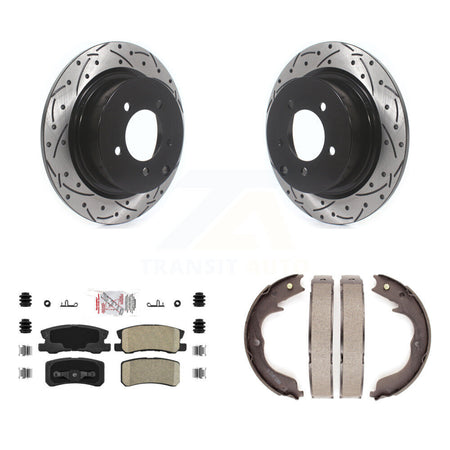 Rear Disc Drilled & Slotted Rotors Ceramic Pads And Parking Brake Shoes Kit For KDA-103383