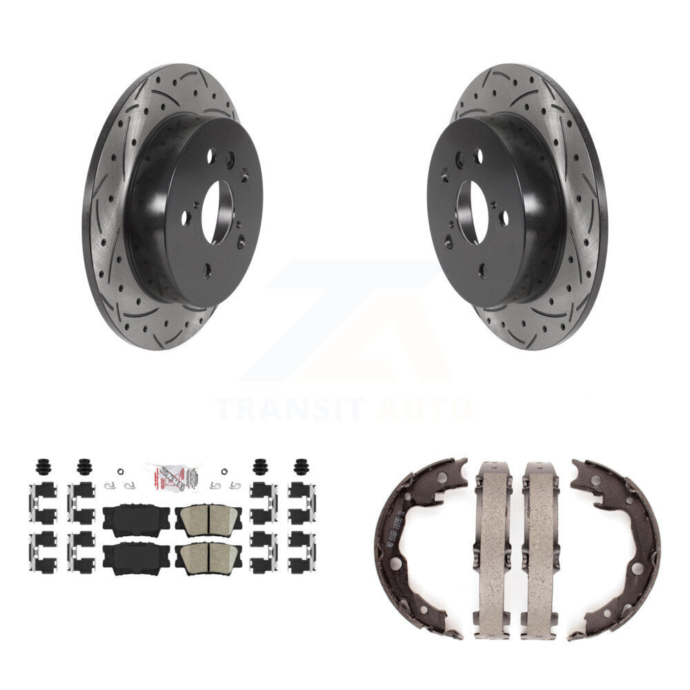 Rear Disc Drilled & Slotted Rotors Ceramic Pads Parking Brake Shoes Kit For Toyota Camry KDA-103388