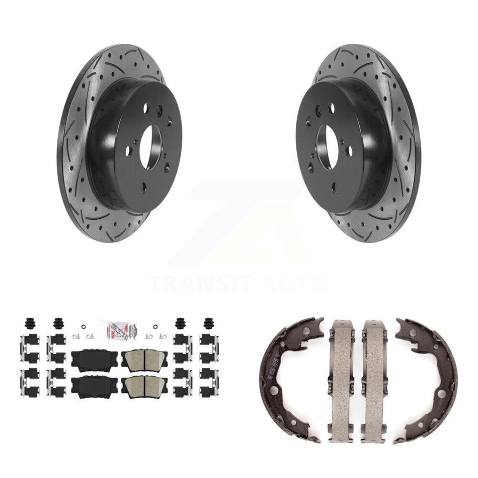 Rear Disc Drilled & Slotted Rotors Ceramic Pads Parking Brake Shoes Kit For Toyota Camry KDA-103388