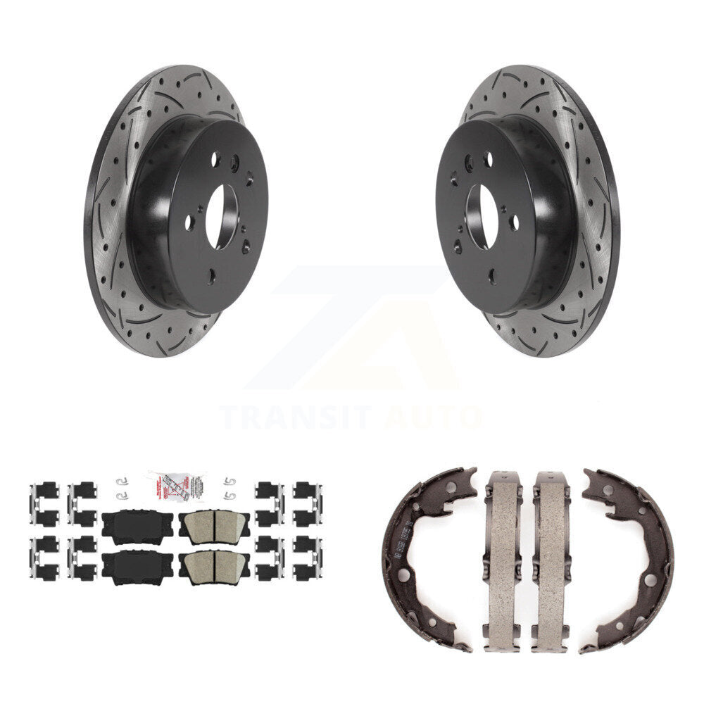 Rear Disc Drilled & Slotted Rotors Ceramic Pads Parking Brake Shoes Kit For Toyota Camry KDA-103389