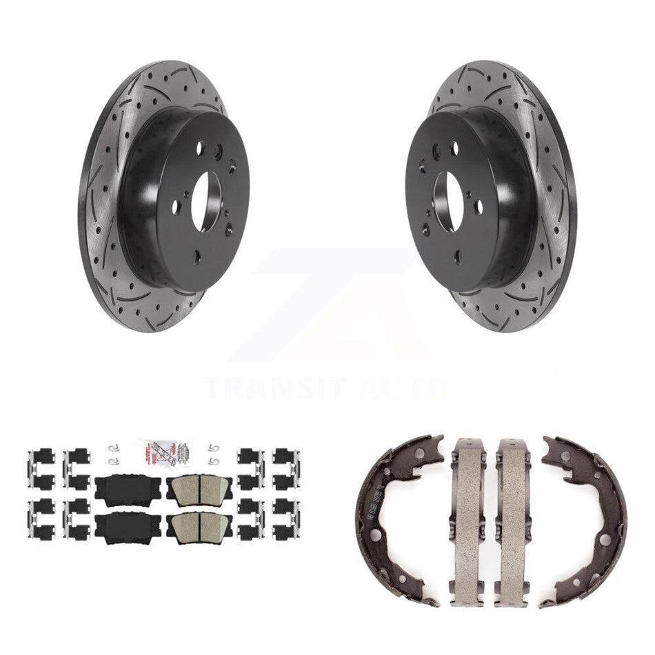 Rear Disc Drilled & Slotted Rotors Ceramic Pads Parking Brake Shoes Kit For Toyota Camry KDA-103389