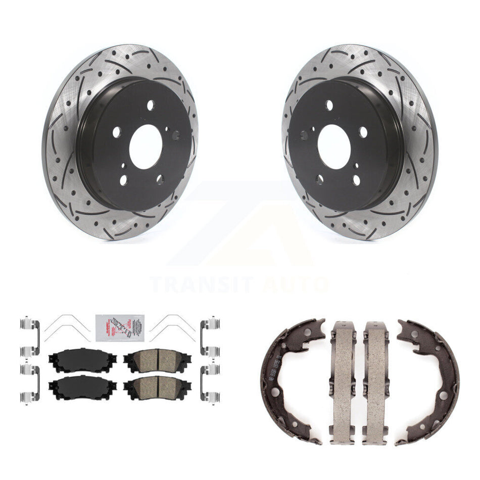 Rear Disc Drilled & Slotted Rotors Ceramic Pads Parking Shoes Kit For Toyota Camry RAV4 KDA-103391