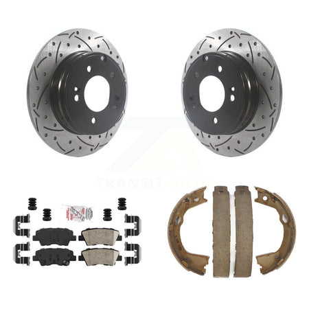 Rear Disc Drilled & Slotted Rotors Ceramic Pads Parking Shoes Kit For Hyundai Sonata Kia KDA-103394