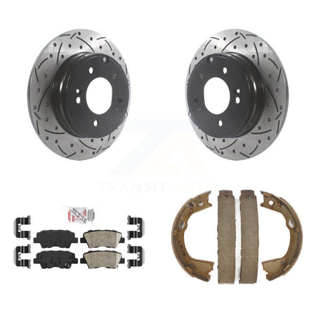 Rear Disc Drilled & Slotted Rotors Ceramic Pads Parking Shoes Kit For Hyundai Sonata Kia KDA-103395