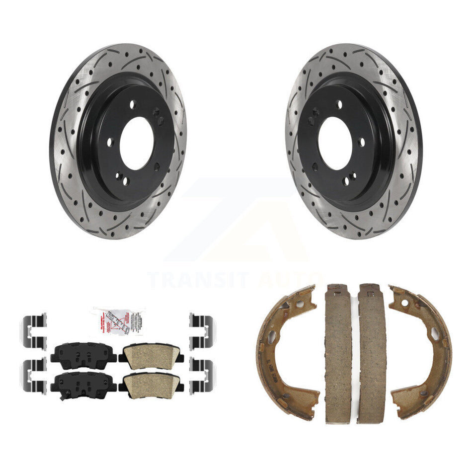 Rear Disc Drilled & Slotted Rotors Ceramic Pads Parking Brake Shoes Kit For Kia Optima KDA-103396