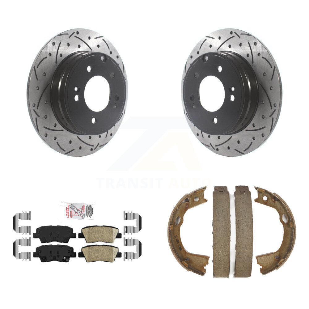 Rear Disc Drilled & Slotted Rotors Ceramic Pads Parking Brake Shoes Kit For Kia Optima KDA-103401