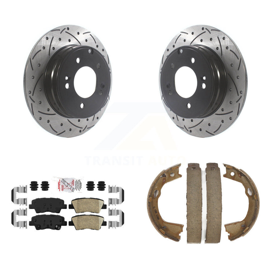 Rear Disc Drilled & Slotted Rotors Ceramic Pads Parking Brake Shoes Kit For Kia Optima KDA-103402