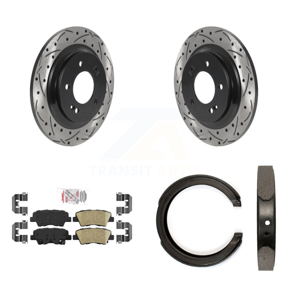 Rear Disc Drilled & Slotted Rotors Ceramic Pads Parking Brake Shoes Kit For Kia Optima KDA-103403