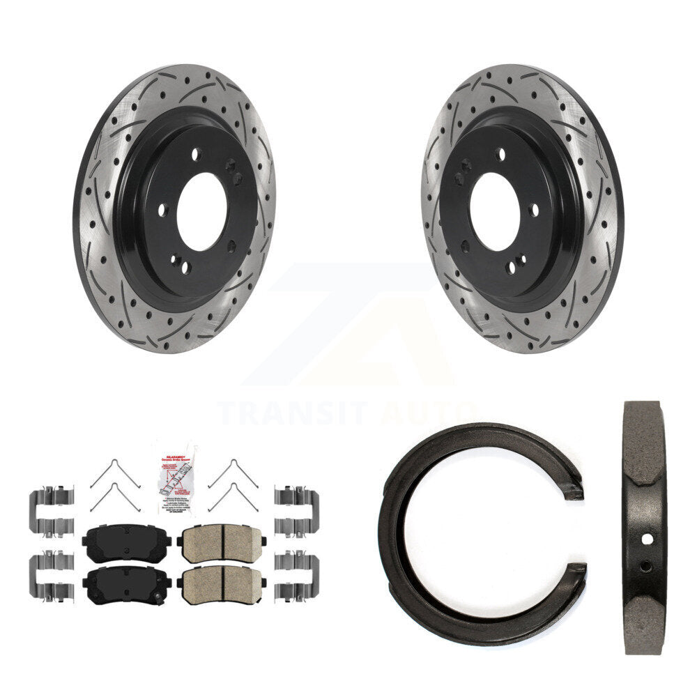 Rear Disc Drilled & Slotted Rotors Ceramic Pads Parking Brake Shoes Kit For Kia Optima KDA-103404