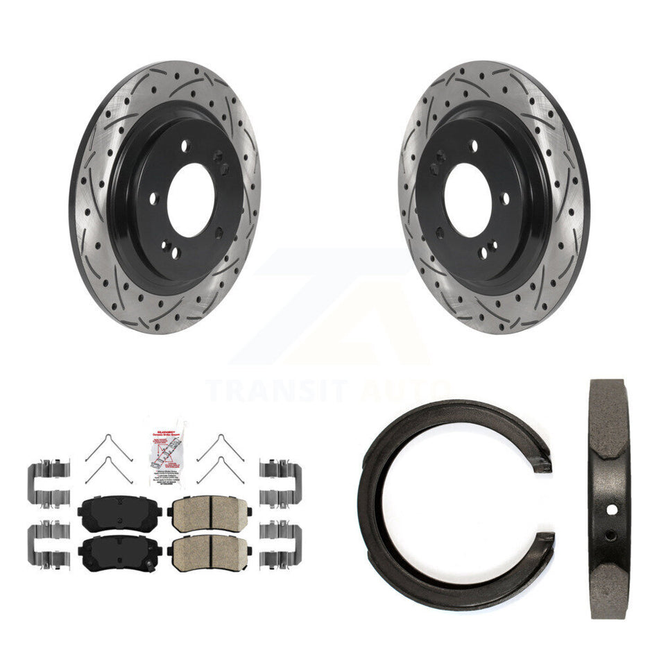 Rear Disc Drilled & Slotted Rotors Ceramic Pads Parking Brake Shoes Kit For Kia Optima KDA-103404