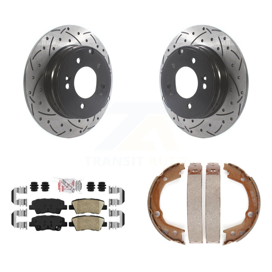 Rear Disc Drilled & Slotted Rotors Ceramic Pads Parking Shoes Kit For Hyundai Sonata 3.3L KDA-103408