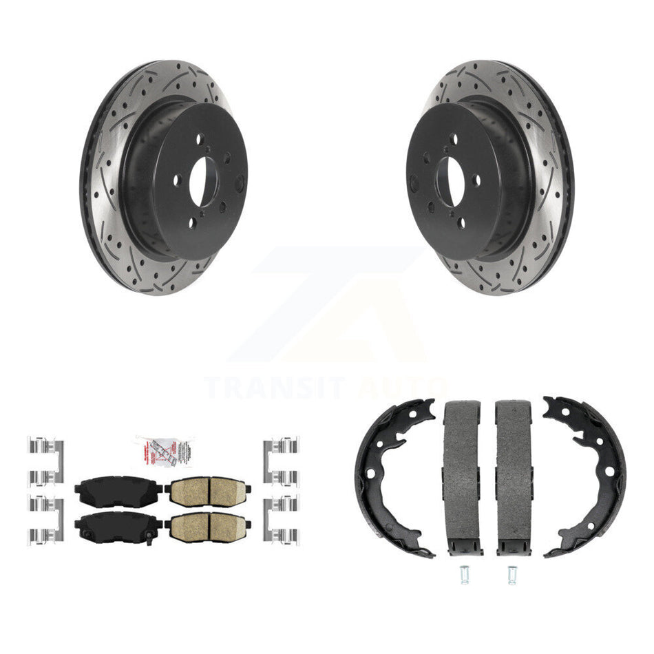 Rear Disc Drilled & Slotted Rotors Ceramic Pads And Parking Shoes Kit For Subaru Forester KDA-103413