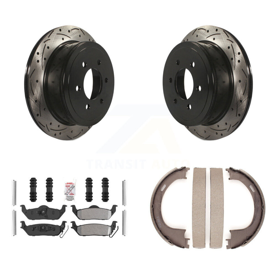 Rear Disc Drilled & Slotted Rotors Semi-Metallic Pads Parking Shoes Kit For Ford F-150 LT KDA-103420