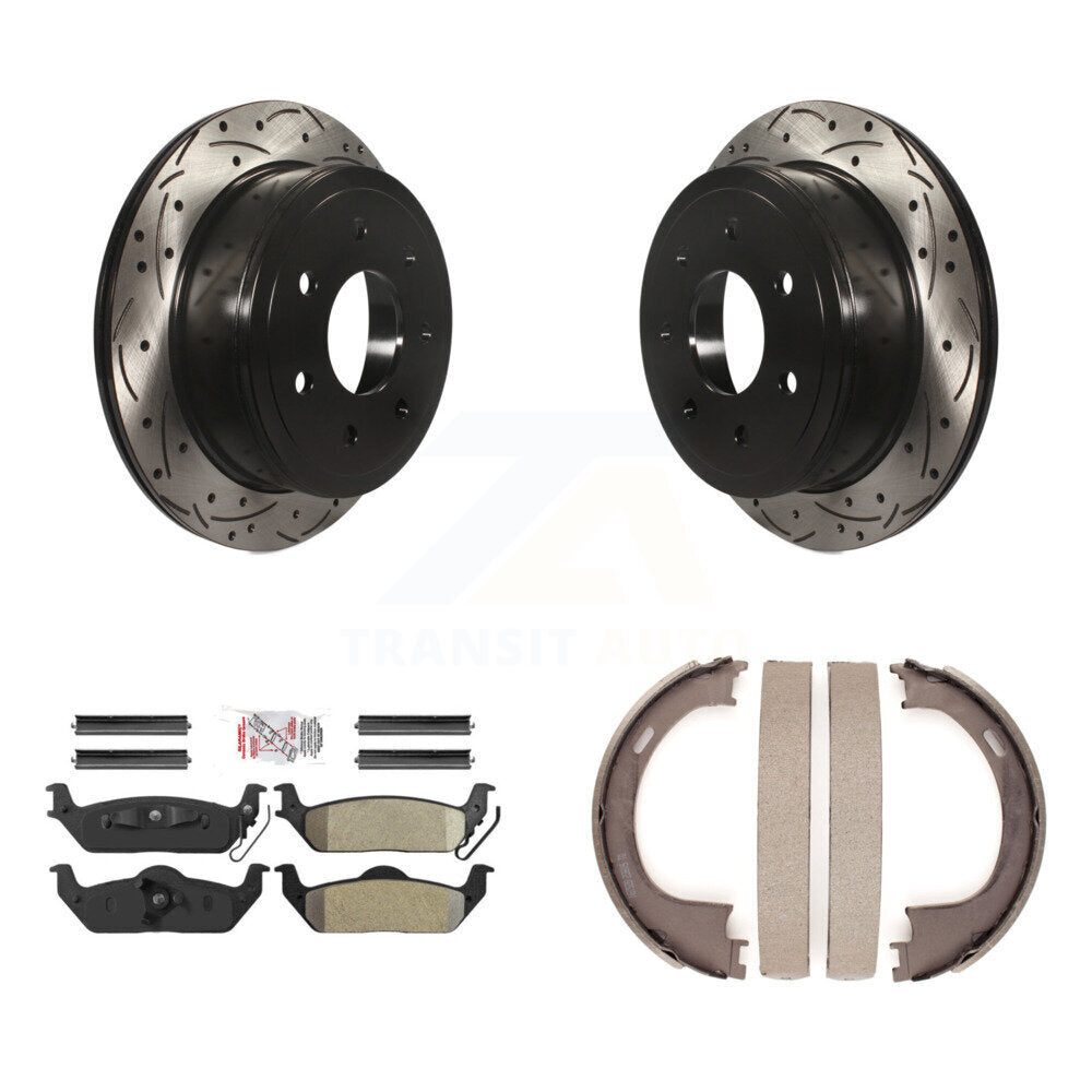 Rear Disc Drilled & Slotted Rotors Semi-Metallic Pads Parking Shoes Kit For Ford F-150 LT KDA-103421