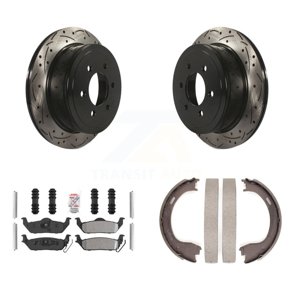 Rear Disc Drilled & Slotted Rotors Semi-Metallic Pads Parking Shoes Kit For Ford F-150 KDA-103424
