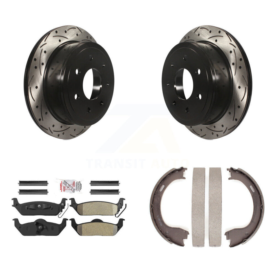 Rear Disc Drilled & Slotted Rotors Semi-Metallic Pads Parking Shoes Kit For Ford F-150 KDA-103425