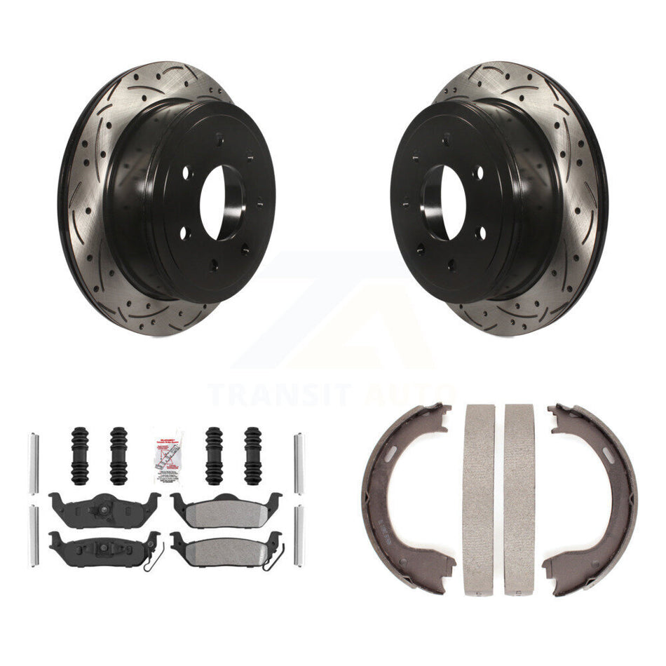 Rear Disc Drilled & Slotted Rotors Semi-Metallic Pads Parking Shoes Kit For Ford F-150 KDA-103426