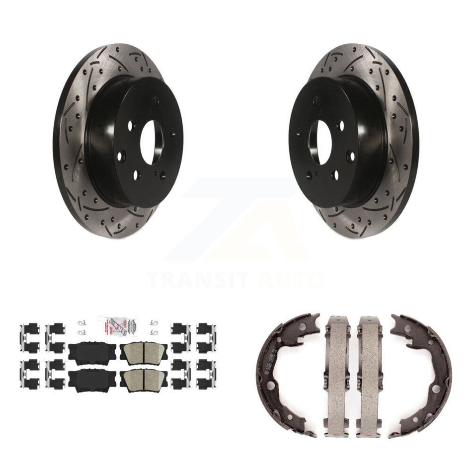 Rear Disc Drilled & Slotted Rotors Ceramic Pads Parking Shoes Kit For Toyota RAV4 Lexus KDA-103440