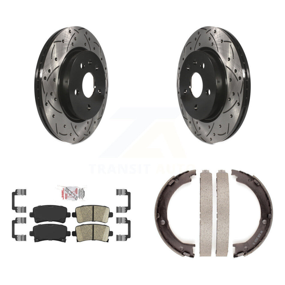 Rear Disc Drilled & Slotted Rotors Ceramic Pads Parking Brake Shoes Kit For Cadillac XTS KDA-103441