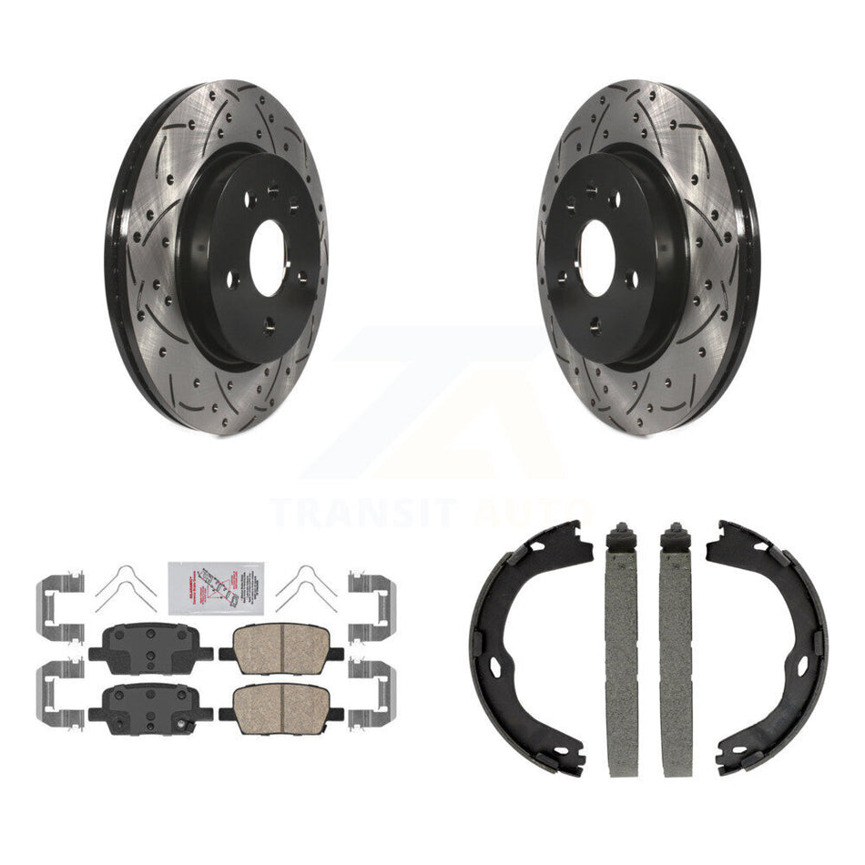 Rear Disc Drilled & Slotted Rotors Ceramic Pads Parking Shoes Kit For Chevrolet Camaro KDA-103444